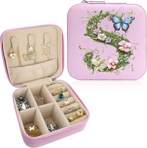 Monogram Jewelry Box Portable Print Jewelry Box, Pink Compact Jewelry Box Travel Jewelry Case Travel Case Organizer Bag Storage Box Jewelry Holder For Necklace Earrings Rings Bracelet (Letter S) in Saudi Arabia