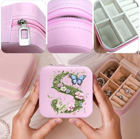 Monogram Jewelry Box Portable Print Jewelry Box, Pink Compact Jewelry Box Travel Jewelry Case Travel Case Organizer Bag Storage Box Jewelry Holder For Necklace Earrings Rings Bracelet (Letter S) in Saudi Arabia