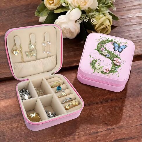 Monogram Jewelry Box Portable Print Jewelry Box, Pink Compact Jewelry Box Travel Jewelry Case Travel Case Organizer Bag Storage Box Jewelry Holder For Necklace Earrings Rings Bracelet (Letter S) in Saudi Arabia