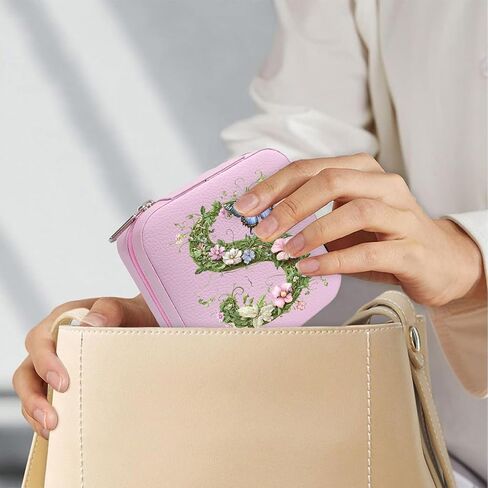 Monogram Jewelry Box Portable Print Jewelry Box, Pink Compact Jewelry Box Travel Jewelry Case Travel Case Organizer Bag Storage Box Jewelry Holder For Necklace Earrings Rings Bracelet (Letter S) in Saudi Arabia