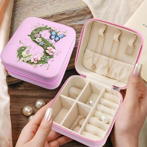 Monogram Jewelry Box Portable Print Jewelry Box, Pink Compact Jewelry Box Travel Jewelry Case Travel Case Organizer Bag Storage Box Jewelry Holder For Necklace Earrings Rings Bracelet (Letter S) in Saudi Arabia