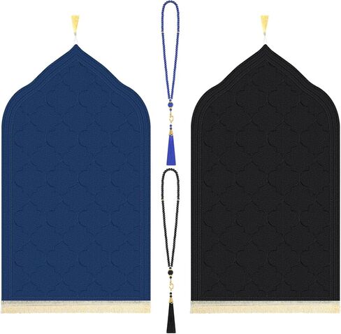 2 Pcs Muslim Prayer Rug Blue and Black Thickening Sponge Muslim Rug Islamic Prayer Mat with 2 Pcs Prayer Beads Islam Gifts for Men Women Eid Travel Ramadan in Saudi Arabia