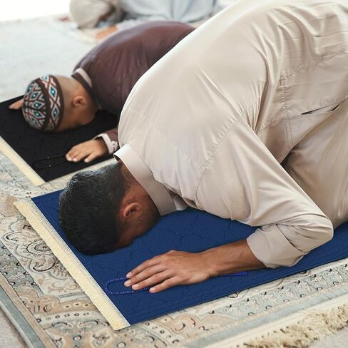 2 Pcs Muslim Prayer Rug Blue and Black Thickening Sponge Muslim Rug Islamic Prayer Mat with 2 Pcs Prayer Beads Islam Gifts for Men Women Eid Travel Ramadan in Saudi Arabia