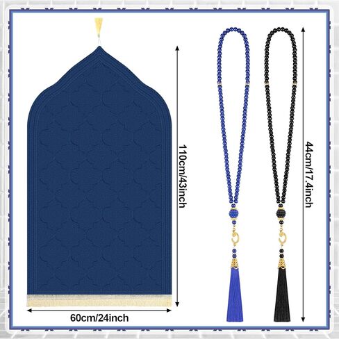2 Pcs Muslim Prayer Rug Blue and Black Thickening Sponge Muslim Rug Islamic Prayer Mat with 2 Pcs Prayer Beads Islam Gifts for Men Women Eid Travel Ramadan in Saudi Arabia