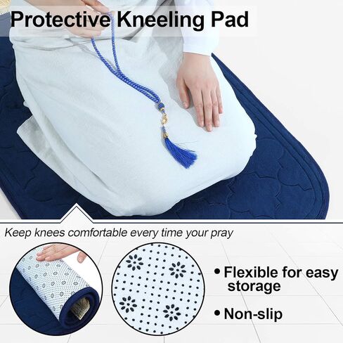 2 Pcs Muslim Prayer Rug Blue and Black Thickening Sponge Muslim Rug Islamic Prayer Mat with 2 Pcs Prayer Beads Islam Gifts for Men Women Eid Travel Ramadan in Saudi Arabia