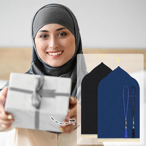 2 Pcs Muslim Prayer Rug Blue and Black Thickening Sponge Muslim Rug Islamic Prayer Mat with 2 Pcs Prayer Beads Islam Gifts for Men Women Eid Travel Ramadan in Saudi Arabia