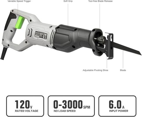 منشار ترددي 6 أمبير، منشار ترددي سلكي متغير السرعة 3000SPM بطول شوط 4/5 بوصة، أقصى عمق قطع 4-1/2 بوصة لقطع الخشب والمعادن الناعمة وأنابيب PVC in Kuwait