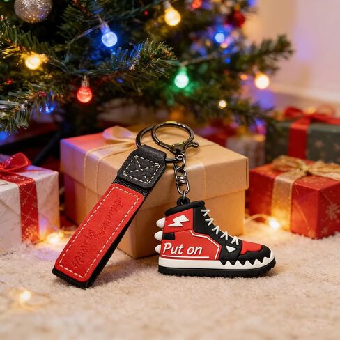 2 Pack Stylish Sneaker Keychain - Cool Red & Black Shoe Key Ring with Leather Strap, Small Gift for Birthdays, Christmas, Graduation, or Stocking Stuffers (Men & Women) in Saudi Arabia