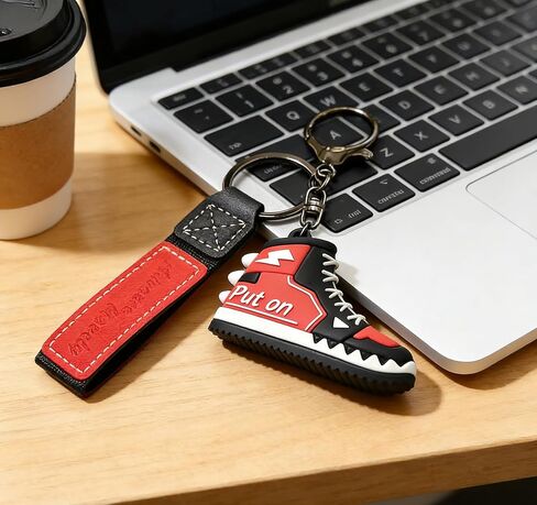 2 Pack Stylish Sneaker Keychain - Cool Red & Black Shoe Key Ring with Leather Strap, Small Gift for Birthdays, Christmas, Graduation, or Stocking Stuffers (Men & Women) in Saudi Arabia