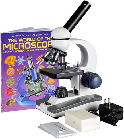 AmScope M150C-PB10-WM مجهر أحادي مركب، عدسات WF10x وWF25x، تكبير 40x-1000x، إضاءة LED، برايتفيلد، مكثف أحادي العدسة، تركيز محوري خشن ودقيق، مرحلة عادية، 110 فولت، تتضمن 5 شرائح فارغة، 5 شرائح جاهزة، ان in Saudi Arabia