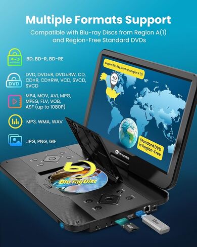 WONNIE 16.9" Portable Blu-Ray DVD Player with 14.1" 1080P Full HD Large Swivel Screen, Surround Sound, 4 Hrs Rechargeable Battery, Support Last Memory, HDMI Out, AV in, USB/SD Card, Sync TV in Kuwait