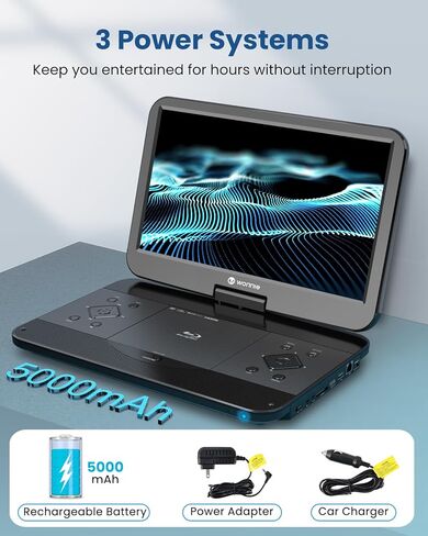 WONNIE 16.9" Portable Blu-Ray DVD Player with 14.1" 1080P Full HD Large Swivel Screen, Surround Sound, 4 Hrs Rechargeable Battery, Support Last Memory, HDMI Out, AV in, USB/SD Card, Sync TV in Kuwait