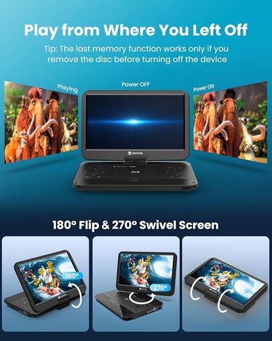 WONNIE 16.9" Portable Blu-Ray DVD Player with 14.1" 1080P Full HD Large Swivel Screen, Surround Sound, 4 Hrs Rechargeable Battery, Support Last Memory, HDMI Out, AV in, USB/SD Card, Sync TV in Kuwait
