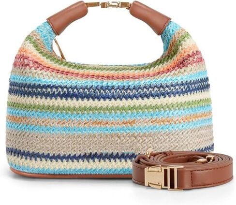 حقيبة كروس من القش للنساء، حقيبة يد الرافية الصيفية بمقبض علوي منسوج ومحفظة للإجازات مصنوعة يدويًا وحقيبة يد على شكل دلو in Kuwait