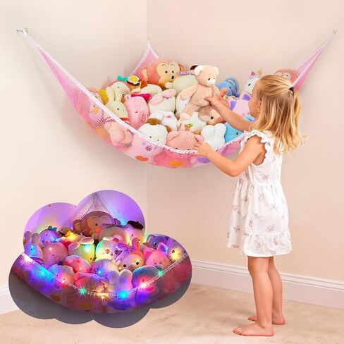 Basumee Stuffed Animals Hammock with LED Light Large Plush Toy Net Organizer Corner Stuffed Animals Storage Hanging Holder for Soft Toys Space-Saving Nursery Playroom Bedroom Decor in Saudi Arabia