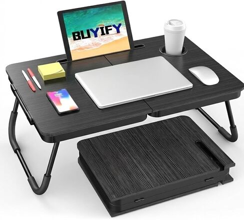 BUYIFY مكتب كمبيوتر محمول قابل للطي للسرير والأريكة، مكتب لاب توب قابل للتعديل مع حامل أكواب وحامل هاتف، مثالي للعمل والقراءة والكتابة والإفطار (أسود) in Kuwait