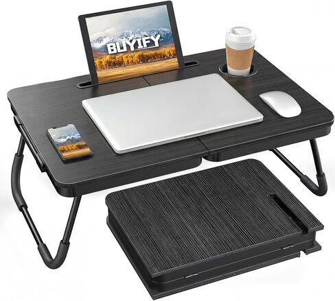 BUYIFY Portable Foldable Laptop Desk for Bed and Couch, Adjustable Lap Desk with Cup Holder and Phone Holder, Ideal for Working, Reading, Writing, and Breakfast (Black) in Kuwait
