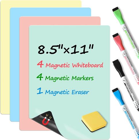 MAXECHO Magnetic Dry Erase Board Sheets, 4 Colors White Board for Fridge with 4 Markers & 1 Eraser, Reusable Blank Magnetic Whiteboard for Refrigerator, Locker, Cabinet, Door 8.5" x 11" in Kuwait