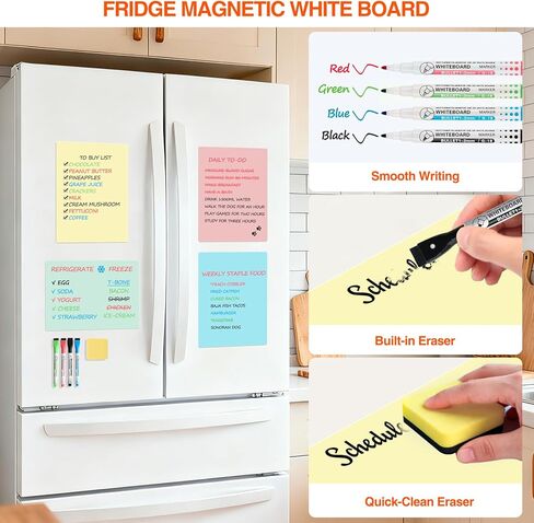MAXECHO Magnetic Dry Erase Board Sheets, 4 Colors White Board for Fridge with 4 Markers & 1 Eraser, Reusable Blank Magnetic Whiteboard for Refrigerator, Locker, Cabinet, Door 8.5" x 11" in Kuwait