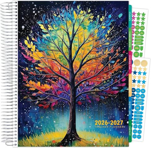 DELUXE TEACHER PLANNER Aug 2026-Jul 2027 8.5x11 Daily Weekly Monthly Organizers with 7 Periods, Pocket Folder, Dated Calendar, Page Tabs, Bookmark and Planning Stickers (Black Tree Seasons) in Kuwait