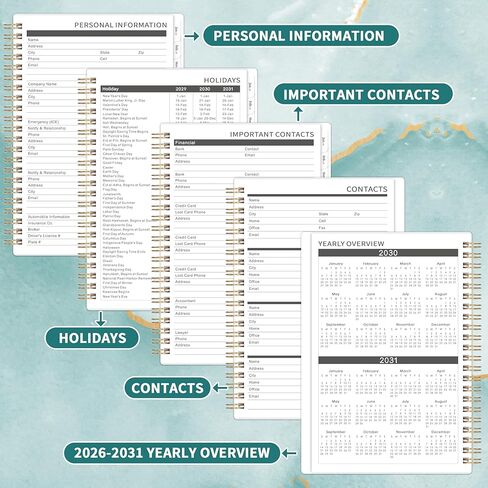 مخطط شهري 2026-2031 - مخطط/تقويم 5 سنوات 2026-2031 حلزوني، يوليو. 2026 - يونيو. 2031، 6.3 × 8.4 بوصة، غلاف مزدوج السلك + علامات تبويب - أخضر in Kuwait