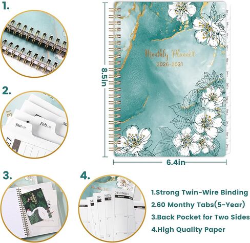 مخطط شهري 2026-2031 - مخطط/تقويم 5 سنوات 2026-2031 حلزوني، يوليو. 2026 - يونيو. 2031، 6.3 × 8.4 بوصة، غلاف مزدوج السلك + علامات تبويب - أخضر in Kuwait