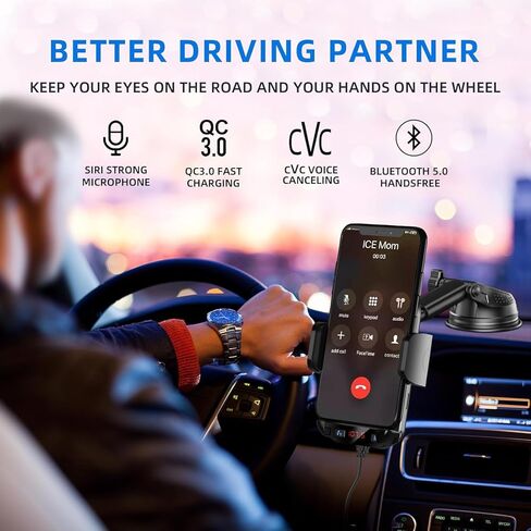 محول سيارة مزود بتقنية البلوتوث 5.3 FM مع حامل هاتف 3 في 1، صوت HiFi Bass، مكالمات بدون استخدام اليدين، 36W PD، QC 18W يدعم بطاقة TF/SD 64G AUX USB Flash Drive لهاتف iPhone Android in Kuwait