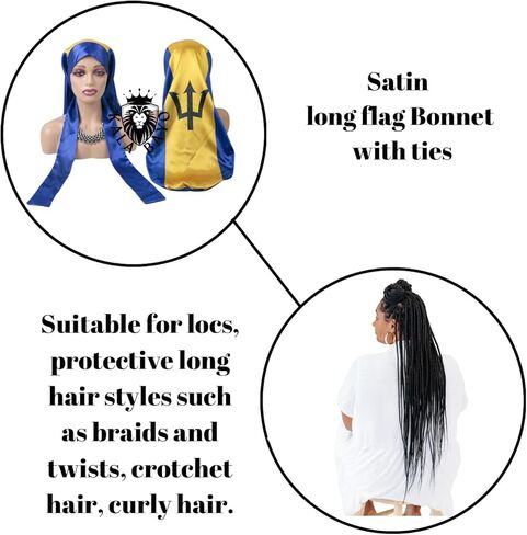 Barbados Flag Adult's Satin Long Sleeping Cap with Ties for Women - Perfect for Protective Hairstyles, Overnight Barbados Satin Bonnet Night Caps Multicolor in Saudi Arabia