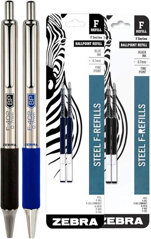 Zebra F-402 Ballpoint Stainless Steel Retractable Pens With Refills, Fine Point, 0.7mm, Black Ink, 6-Count Bundle with Plastic Reusable Pouch in Saudi Arabia