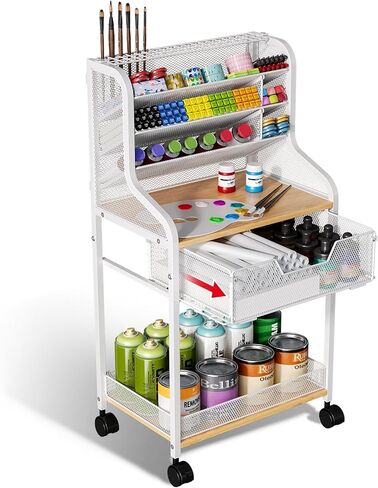عربة دوارة صغيرة متعددة الأغراض مع درج، منظم وتخزين حرفي أبيض، عربة حرفية معدنية بعجلات قابلة للقفل، منظم طلاء تخزين الحرف اليدوية 6 طبقات، مخزن للفرش والدهانات والقطع الأثرية الصغيرة in Kuwait