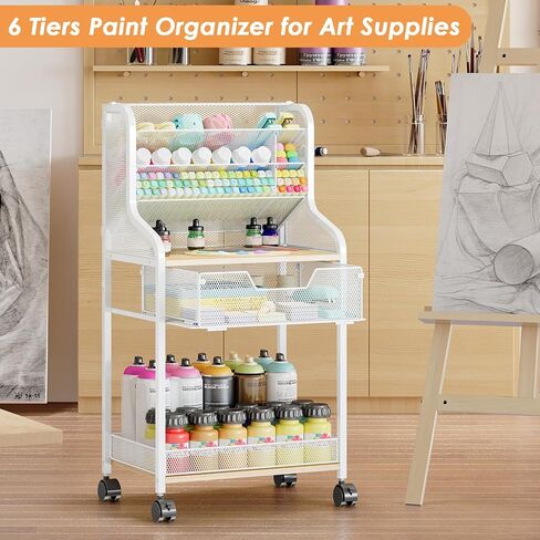 عربة دوارة صغيرة متعددة الأغراض مع درج، منظم وتخزين حرفي أبيض، عربة حرفية معدنية بعجلات قابلة للقفل، منظم طلاء تخزين الحرف اليدوية 6 طبقات، مخزن للفرش والدهانات والقطع الأثرية الصغيرة in Kuwait