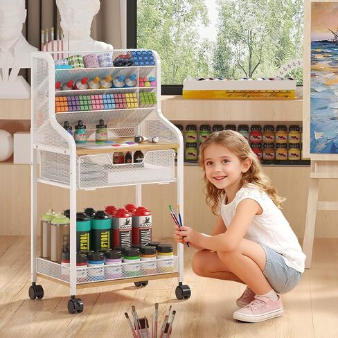 عربة دوارة صغيرة متعددة الأغراض مع درج، منظم وتخزين حرفي أبيض، عربة حرفية معدنية بعجلات قابلة للقفل، منظم طلاء تخزين الحرف اليدوية 6 طبقات، مخزن للفرش والدهانات والقطع الأثرية الصغيرة in Kuwait