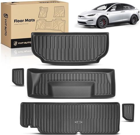 YHTAUTO 5 قطع سجادات شحن متوافقة مع Tesla Model X 2022-2025 2026 6 مقاعد، TPE جميع سجادات السيارة المقاومة للماء ومضادة للانزلاق وعديمة الرائحة وبطانات شحن خلفية in Kuwait