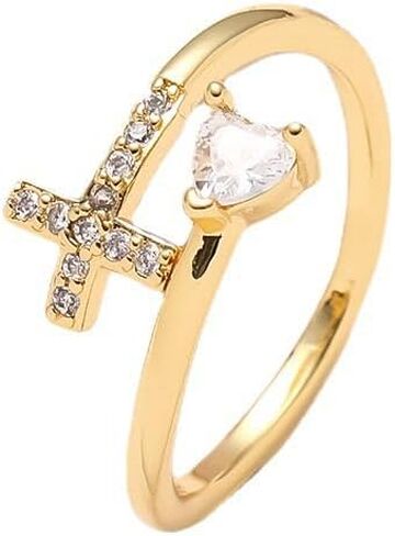 DATOA Gold Cross Heart Ring Cubic Zirconia Open Adjustable Ring Religious Christian Faith Jewelry for Her in Saudi Arabia
