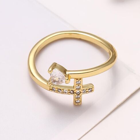DATOA Gold Cross Heart Ring Cubic Zirconia Open Adjustable Ring Religious Christian Faith Jewelry for Her in Saudi Arabia