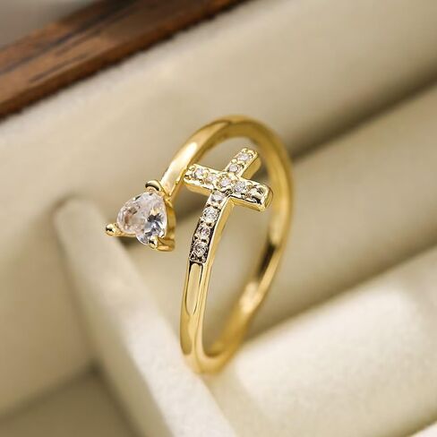 DATOA Gold Cross Heart Ring Cubic Zirconia Open Adjustable Ring Religious Christian Faith Jewelry for Her in Saudi Arabia