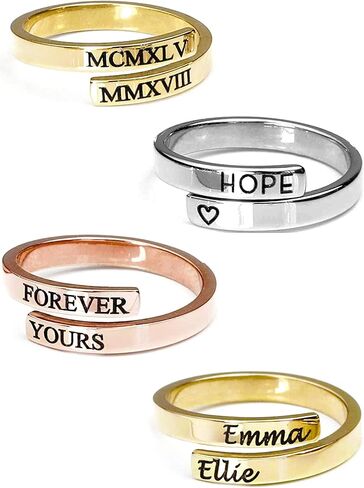 MignonandMignon Personalized Initials Wrap Ring, Custom Stacking Ring with Names, Dates, or Messages, Adjustable, Promise or Friendship Ring, Gifts for Women – RWB in Kuwait