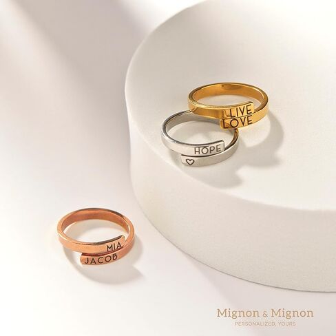 MignonandMignon Personalized Initials Wrap Ring, Custom Stacking Ring with Names, Dates, or Messages, Adjustable, Promise or Friendship Ring, Gifts for Women – RWB in Kuwait