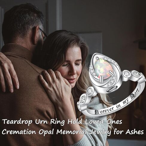 Jinlou Sterling Silver Teardrop Opal Urn Ring for Ashes Cremation Rings Memorial Jewelry for Women for Ashes of Loved Ones in Kuwait