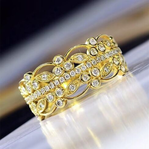 18K Gold Plated Vintage Lace Filigree Ring for Women, Romantic Retro Art Floral Band Ring, Geometric Hollow Medieval Style Statement Ring in Saudi Arabia