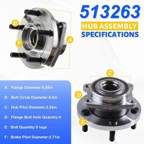 513263 Front Wheel Bearing Hub Assembly with 5 Lug Compatible with Chrysler 200 2011-2014,Fit for Sebring 2007-2010,Fit for Chrysler Cirrus 2007-2010,Fit for Dodge Avenger 2008-2014 in Kuwait