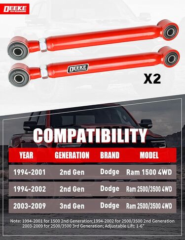 أذرع تحكم أمامية علوية وسفلية قابلة للتعديل مقاس 1-6 بوصة باللون الأحمر لـ 1994-2001 دودج رام 1500 4WD و1994-2009 دودج رام 2500/3500 4WD (الجيل الثاني إلى الثالث) in Kuwait