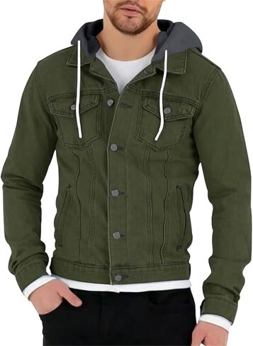 Mens Slim Fit Hoodie Denim Jacket Solid Color Hood Military Hooded Jacket Button Down Denim Trucker Jacket Coat in Kuwait