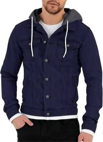 Mens Slim Fit Hoodie Denim Jacket Solid Color Hood Military Hooded Jacket Button Down Denim Trucker Jacket Coat in Saudi Arabia