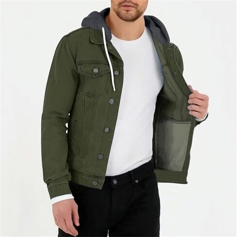 Mens Slim Fit Hoodie Denim Jacket Solid Color Hood Military Hooded Jacket Button Down Denim Trucker Jacket Coat in Saudi Arabia