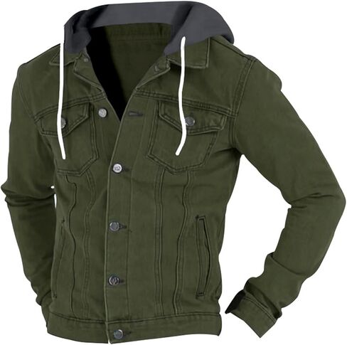 Mens Slim Fit Hoodie Denim Jacket Solid Color Hood Military Hooded Jacket Button Down Denim Trucker Jacket Coat in Saudi Arabia