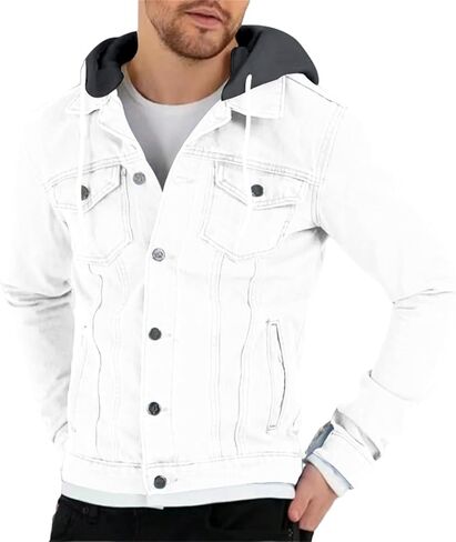 Mens Slim Fit Hoodie Denim Jacket Solid Color Hood Military Hooded Jacket Button Down Denim Trucker Jacket Coat in Saudi Arabia