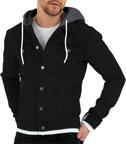 Mens Slim Fit Hoodie Denim Jacket Solid Color Hood Military Hooded Jacket Button Down Denim Trucker Jacket Coat in Saudi Arabia