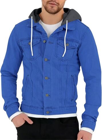 Mens Slim Fit Hoodie Denim Jacket Solid Color Hood Military Hooded Jacket Button Down Denim Trucker Jacket Coat in Saudi Arabia
