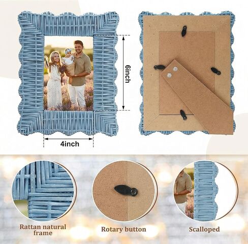 Novabright Set of 2 Handmade Blue Rattan Picture Frames 4'' x 6'' Wavy Edge Boho Photo Frame for Nautical Beach Themed Home Room Office Desk Display Coastal Decoration in Kuwait